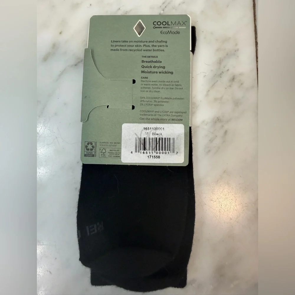 NWT REI Co-op COOLMAX Fiber Liner Hiking Socks black men’s 6-8.5 women’s 7-9.5